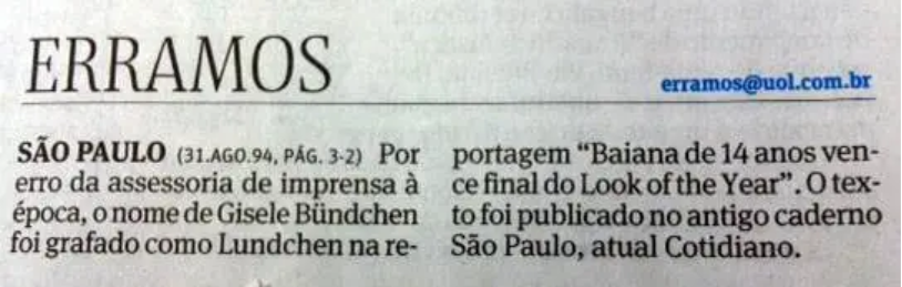 Errata publicada pelo jornal Folha de São Paulo 