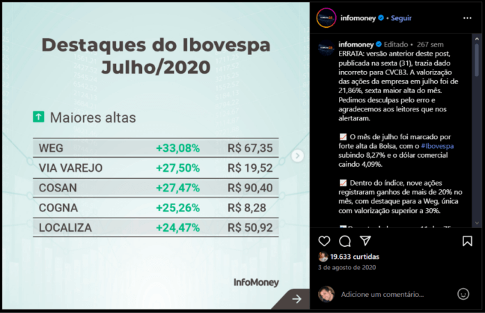 Errata publicada no Instagram do @infomoney.