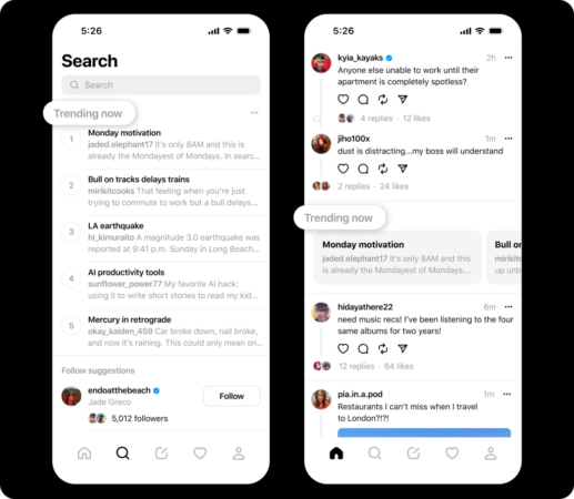 Trending now, os tópicos em alta do Threads.