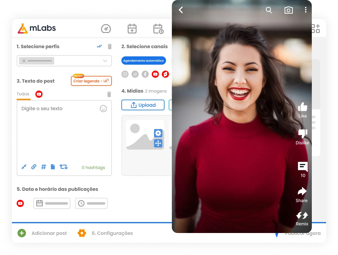 Tela de agendamente de posts no YouTube da mLabs.