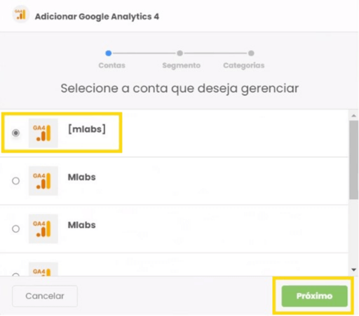 Tela de gerenciamento de Google Analytics 4 pela mLabs.