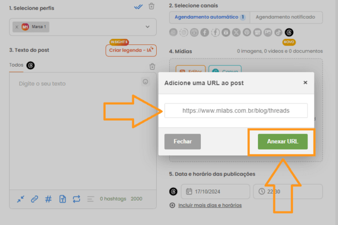 Tela de agendamento de posts no Threads da mLabs.