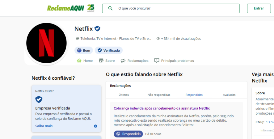 Print de tela de página corporativa no Reclame Aqui!