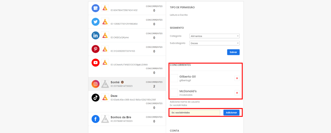 Inteligencia-competitiva-nas-redes-sociais-1 interface da mLabs mostrando campo para adicionar concorrentes, com exemplo de perfis “Gilberto Gil” e “McDonald’s” já inseridos e caixa de texto para incluir novos usuários.