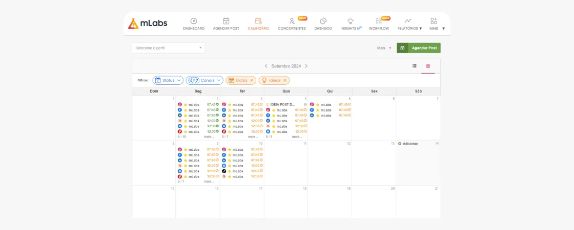 Agendamento de postagens em massa 1 Calendário da mLabs Social: ideal para agendamento de postagens em massa para várias redes sociais.