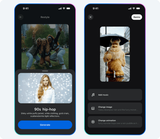 Meta Vibes 3 Recursos do Vibes para aplicar estilos, editar e remixar vídeos com IA.
