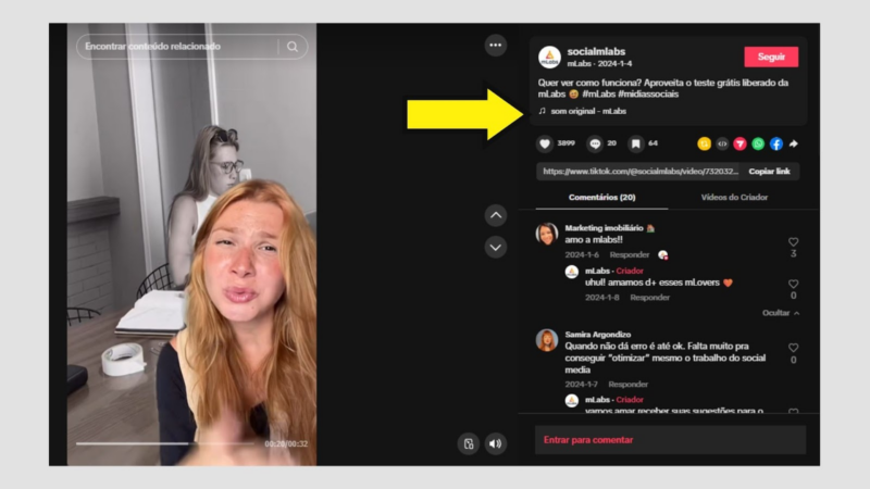 SEO para TikTok: Vídeo da mLabs mostrando criadora falando enquanto comentários e descrição do TikTok aparecem ao lado.