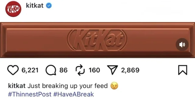 Post ultra wide do perfil KitKat mostrando uma barra de chocolate em formato ultra wide.