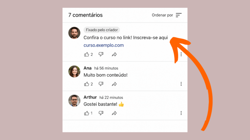 Seção de comentários do YouTube com comentário fixado convidando para um curso.