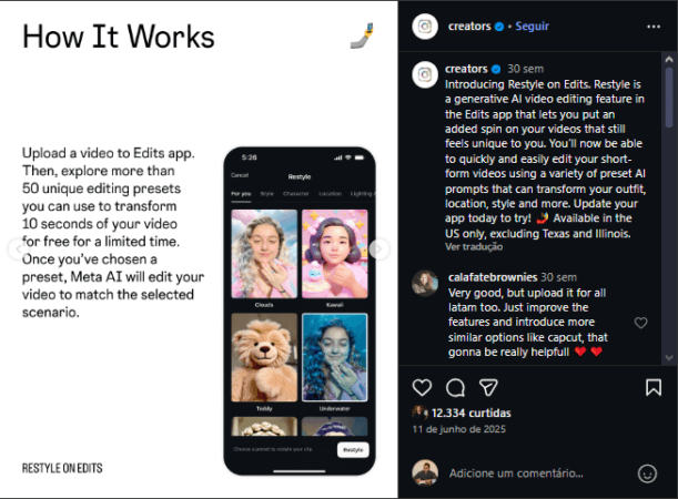 Post oficial do Instagram anunciando o Restyle.