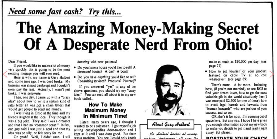 “O incrível segredo de ganhar dinheiro de um nerd desesperado de Ohio” — um dos anúncios mais icônicos do copywriting, base da lógica usada hoje em VSLs.