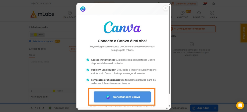 Tela de conexão entre mLabs e Canva.