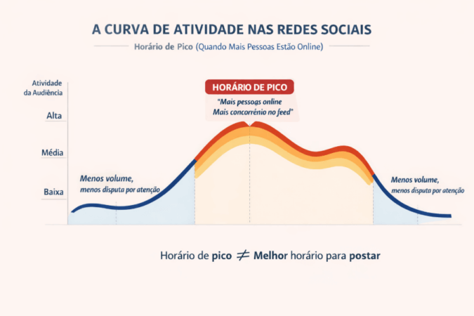 Horário de pico Gráfico teórico sobre horários de pico nas redes sociais: o horário de pico nem sempre é o melhor para postar.