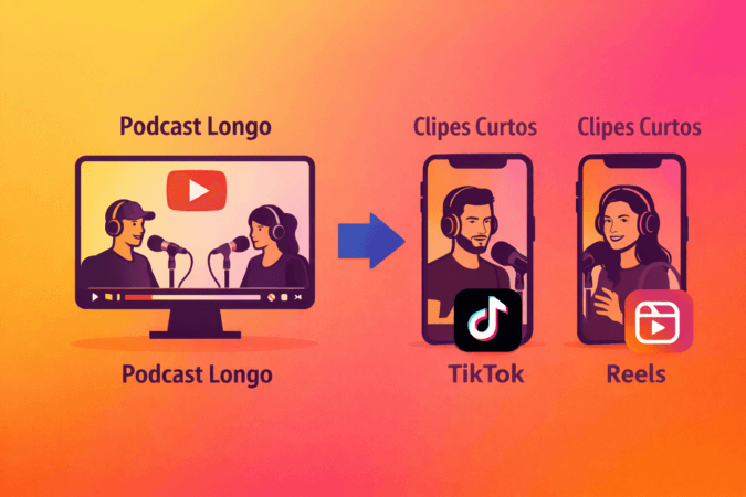 Postar em várias redes sociais de uma vez 2 (1) A imagem representa um podcast longo cortado em diversos clipes curtos.