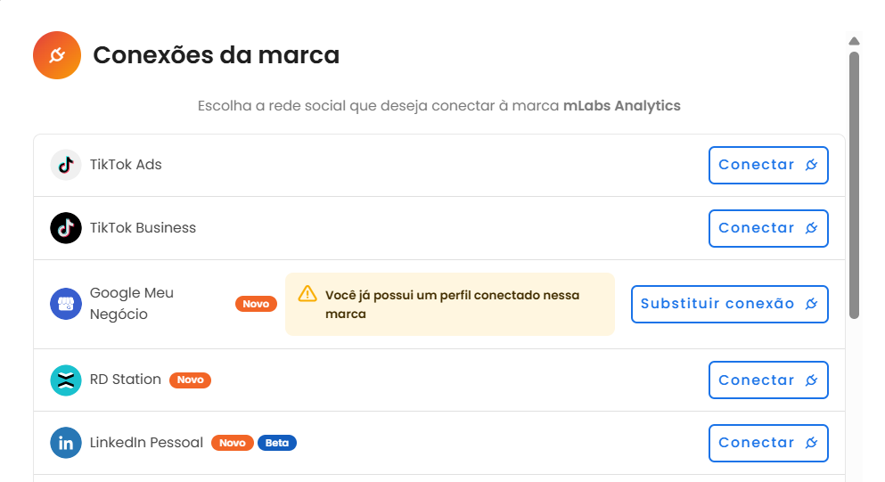 Tela de conexões da marca no mLabs Analytics